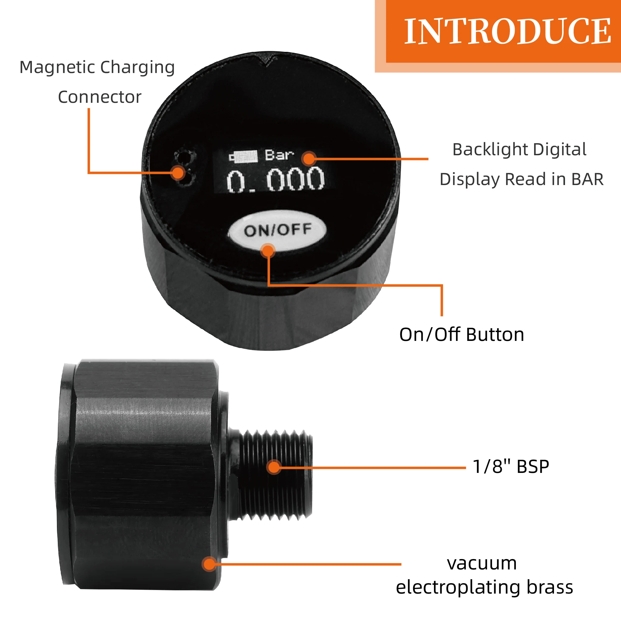 مقياس الضغط الرقمي القابل لإعادة الشحن 28 مم، مقياس وحدة HPA عالي الدقة 350 بار، مقياس الضغط FX لخيط 1/8BSP #5