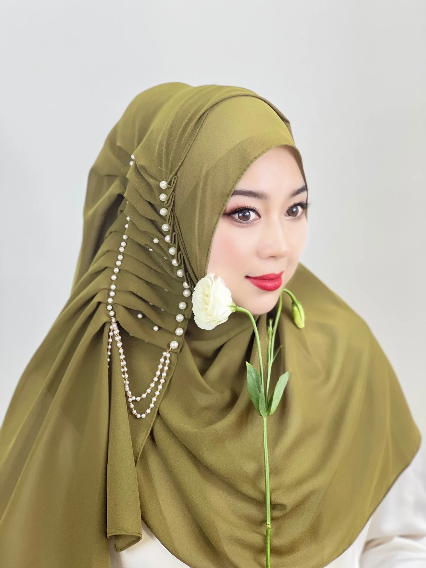 Elegant Chiffon Hijabs Women's Muslim Hijab Pearl Tassel Design Long Scarf Turban Shawls Islamic Head Wrap for Women Headscarf