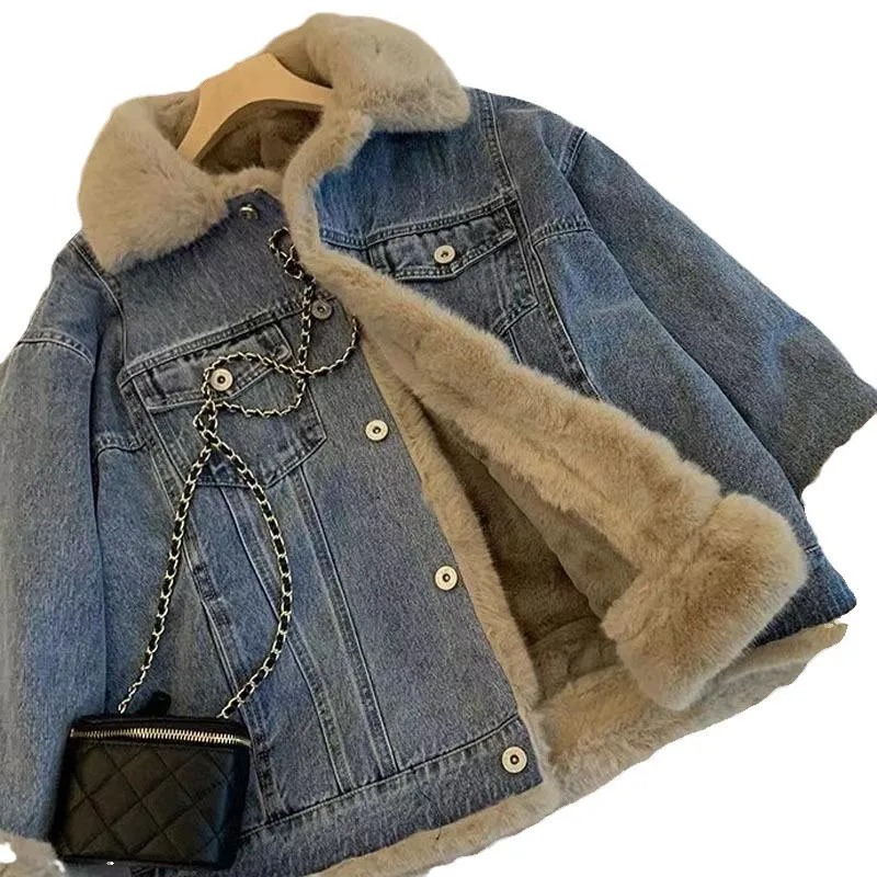 

Джинсовая куртка женская осенне-зимняя новая ретро из овечьей шерсти повседневная свободная бархатная утолщенная повседневная одежда