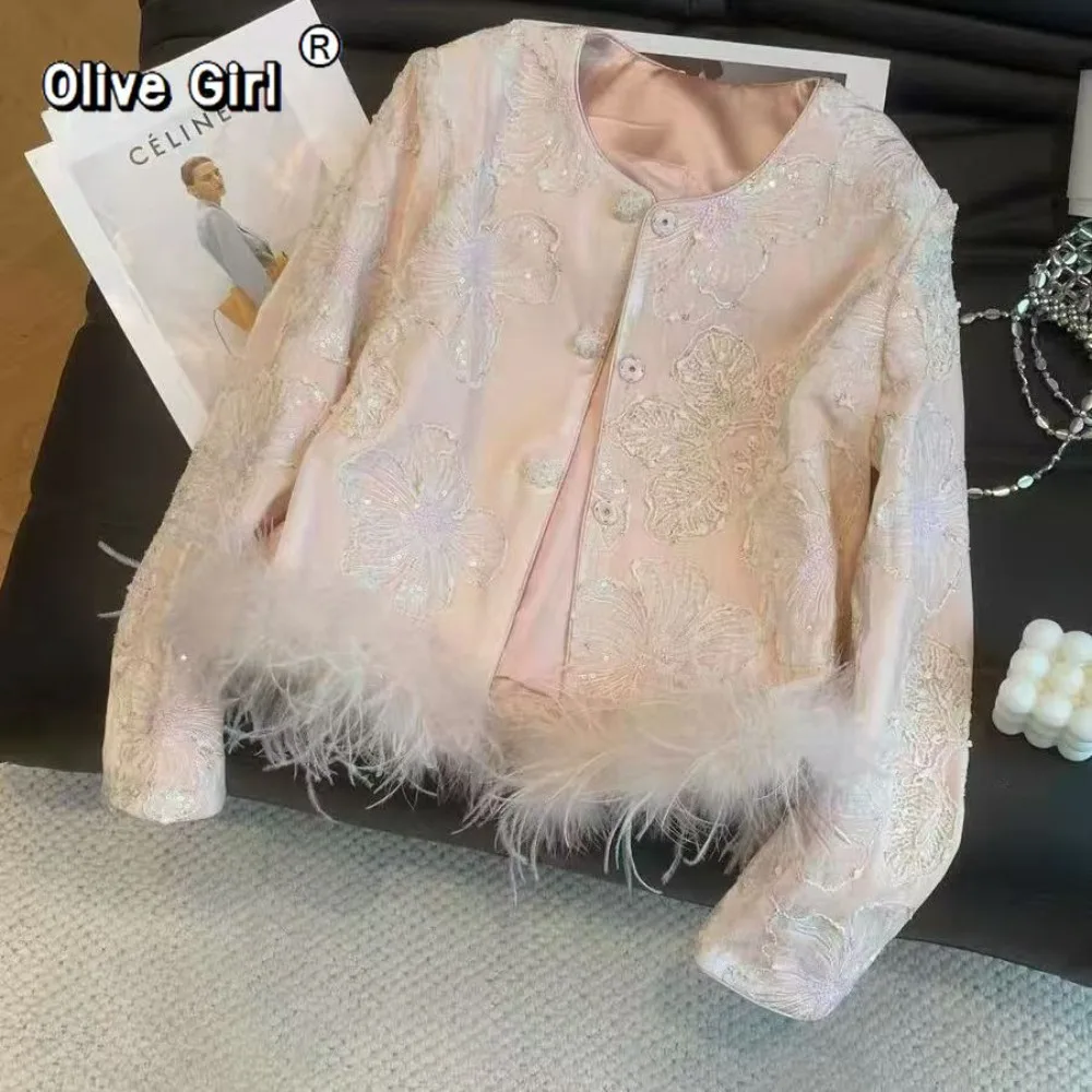 

Embroidered Sequin Jacket Coat Ostrich Fur Hem Elegant Trendy Top Short Traditional Chinese Clothing Jacket