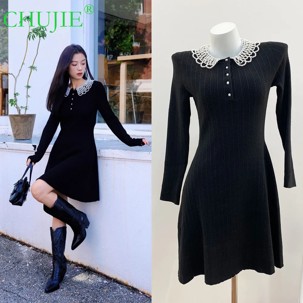 

CHUJIE 2025 Autumn New Pearl Decorated Doll Collar Twisted Sweet Age-Reducing Slimming A-Line Dress