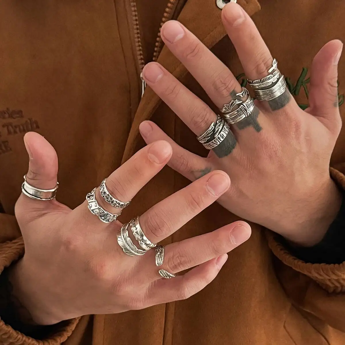 KunJoe 12Pcs/Set Trendy Punk Feather Open Rings for Men Hip Hop Geometry Bat Wings Adjustable Knuckle Ring Male New Jewelry Gift