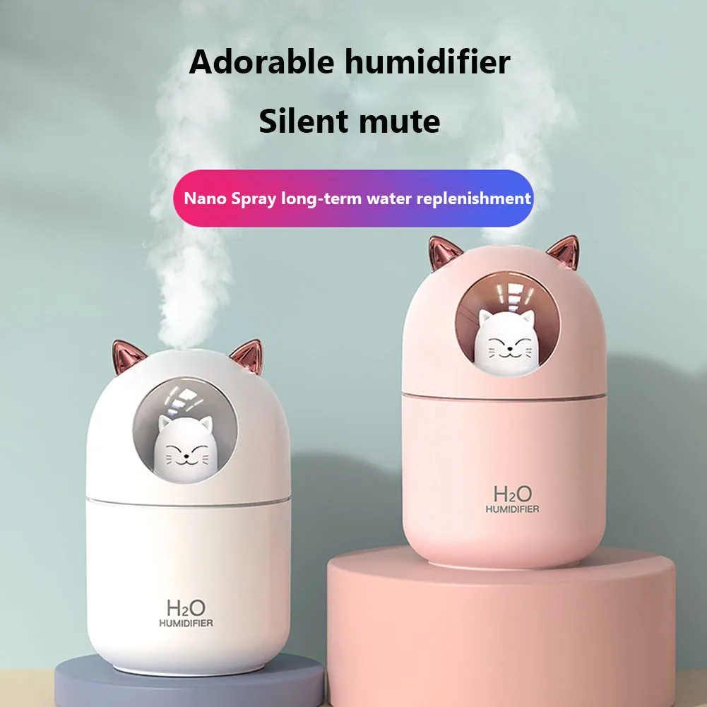 300ML Air Humidifier Cute Cartoon Cat Aroma Diffuser With Night Light USB Cold Mist Maker For Home Car Air Purifier Freshener