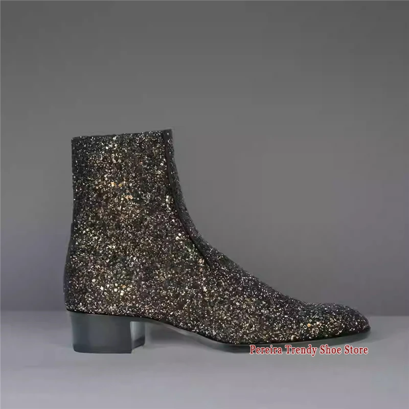 Autumn Winter Black Sequined Men's Chelsea Boots Trendy Cowhide Pointed Toe Side Zipper Short Boots Party Banquet Dress Shoes