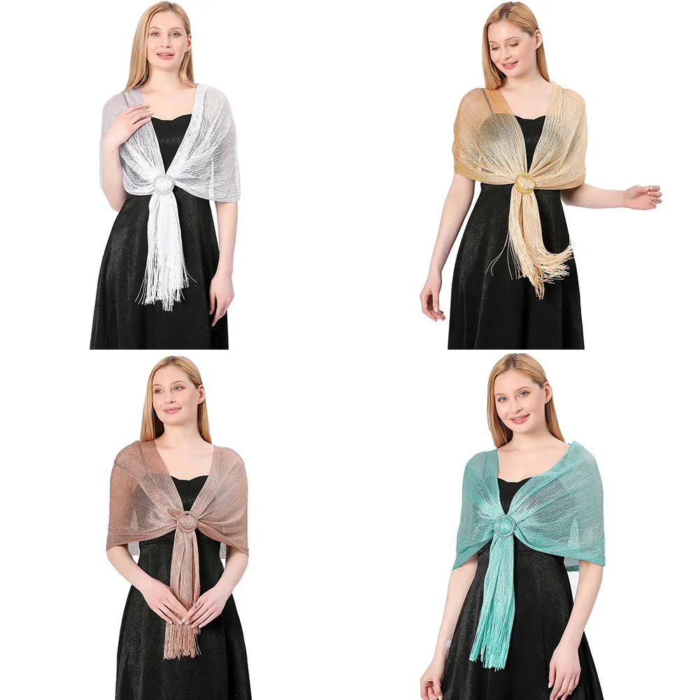 

Универсальная элегантная вечерняя шаль из люрекса для женщин, аксессуар для свадебного платья невесты и подружек невесты, с кисточками, мягкая, легкая