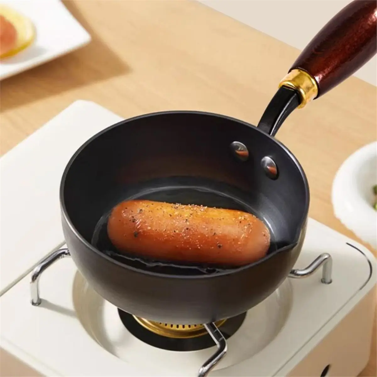 2026 Trend Egg Frying Pan Cast Iron Oil Splashing Pot Uncoated Wooden Handle Omelette Pan Mini Deepened Butter Melting Chocolate