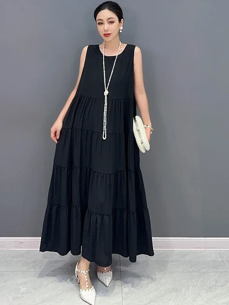 

XITAO Sleeveless Loose Solid Color Pleated O-neck Dress Casual Fashion Women 2025 Summer New Pullover Simplicity Dress DMJ1898