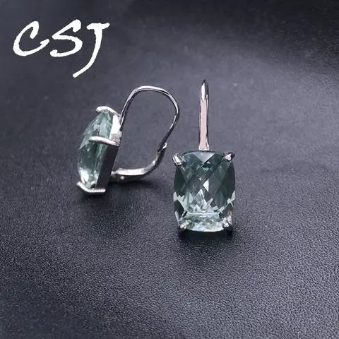 CSJ Elegant Natural Green Amethyst Earring Sterling 925 Silver Cushion 10*14mm 12Ct Fine Jewelry For Women Lady Party Gift Box