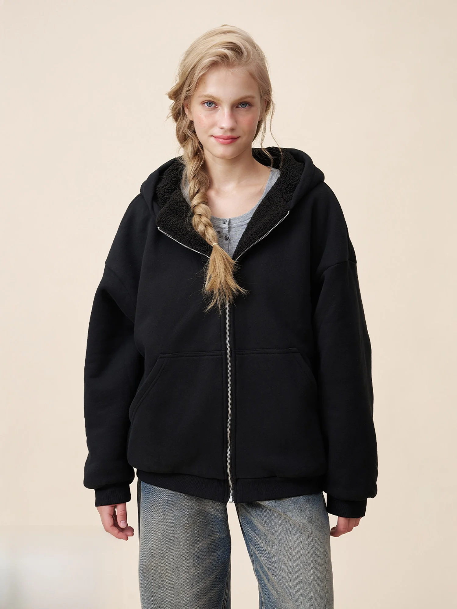 

Yescci Basic Hooded Zipper Design Long Sleeve Women's Jacket Loose Fit Sweatshirt Autumn New Style Commute Style Color