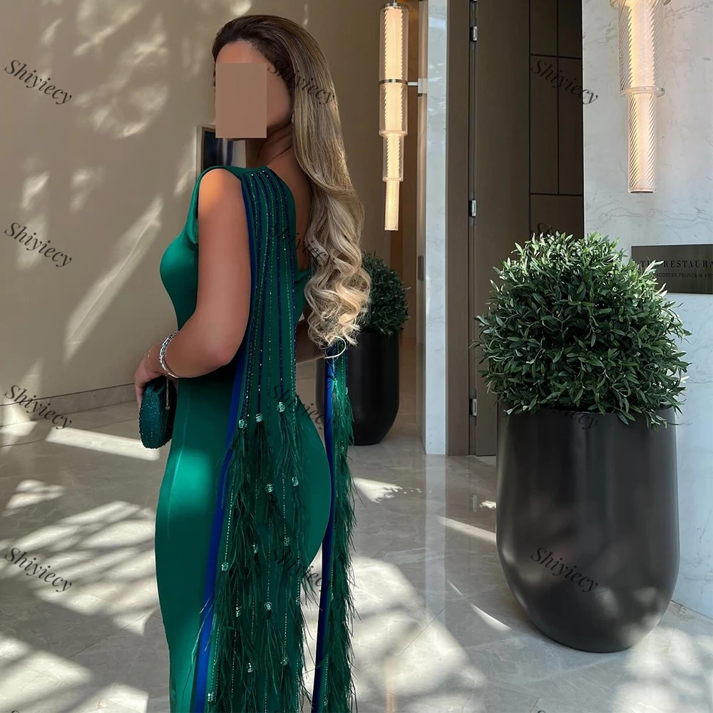 Formal Evening Dress Saudi Ariba Ladies High Quality Ankle Length Jersey Crystal Feathers Prom Dress فساتين سهره فخمة 2024