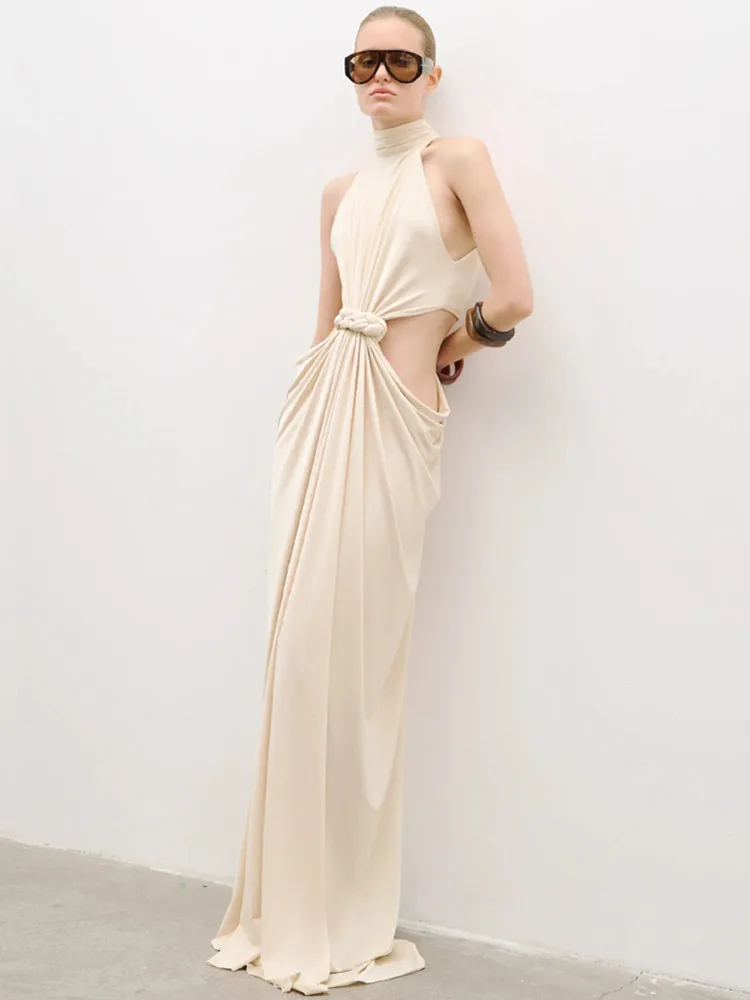 Vrouwen beroemdheid sexy uitgesneden beige gedrapeerde maxi lange jurken jurk 2025, elegante avondfeest club vestido