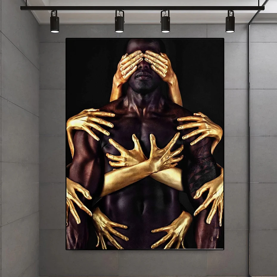 Abstract Wall Art Canvas Painting, Black Man and Golden Hand, Chromatic Aberration Art, Fashion Prints, for Living Room Pictures