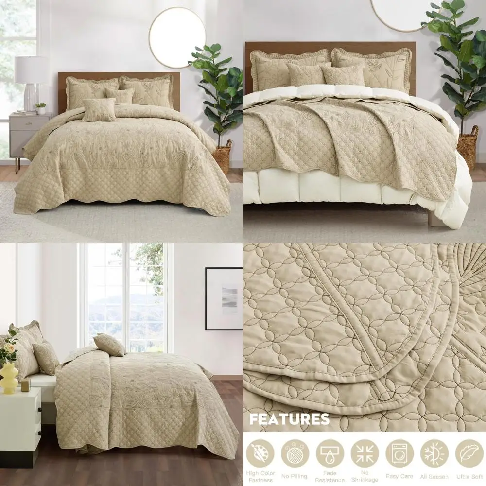 

Queen Size Botanical Oversized Bedspread with Leaf Pattern Stitching - Elegant Fresh Style Quilt Set Bedding Coverlets