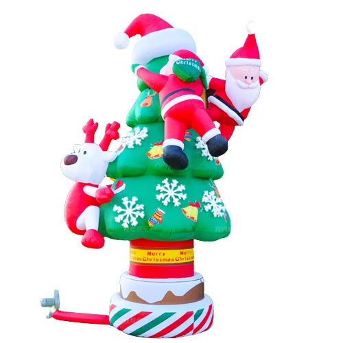 

Customized Backyard Snow Christmas Tree With Gold Balloon Inflatable Xmas Tree With Gift Box and Santa Claus for Decoration
