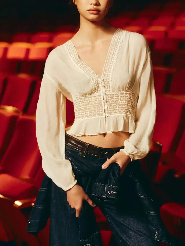 

Элитный женский вязаный свитер с длинным рукавом и V-образным вырезом, кружевной, укороченный, в европейском стиле, новинка Весна 2026