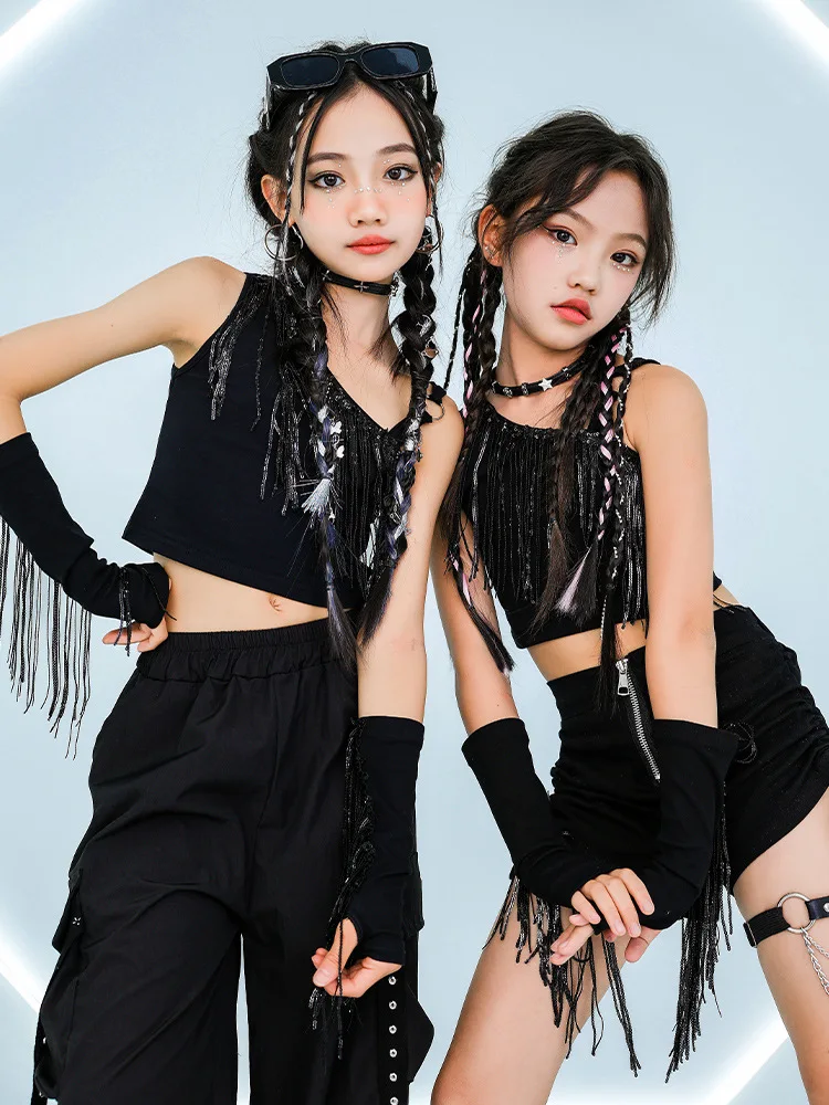 Girls Jazz Dance Clothes Black Tassel Crop Tops Pants Kids Hip Hop Competition Performance Suit Stage Wear K-pop Outfit BL14277