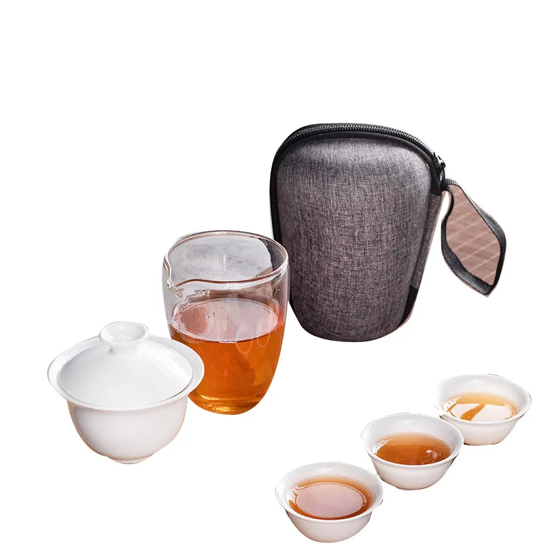 Chinese White Porcelain Kung Fu Tea Set, Household Simple Outdoor Portable Travel Tea Set, Ceramic Cover Bowl