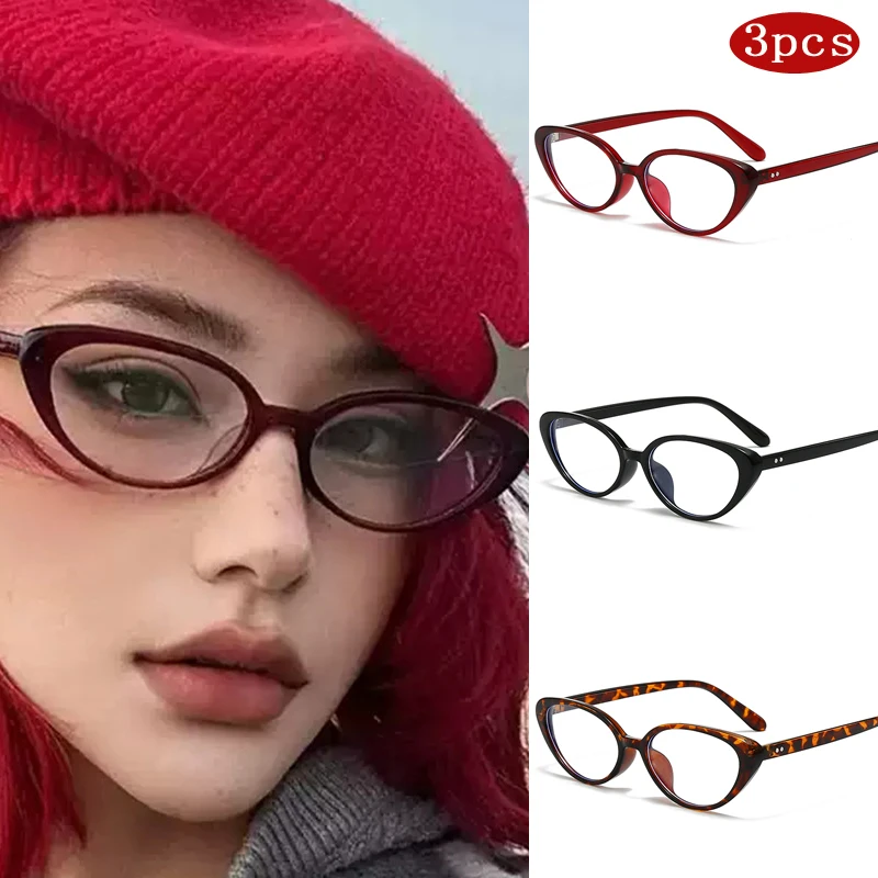 3 قطعة نظارات عين القطة الصغيرة الموضة النساء الكلاسيكية المضادة للضوء الأزرق إطار النظارات البصرية الإناث كتلة اللون النظارات ﻿