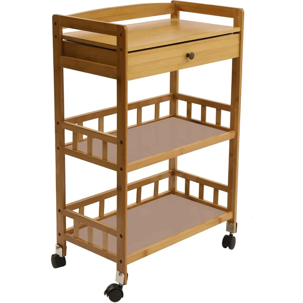 

Kitchen Cart on Wheels 3 Tier Bamboo Mobile Utility Serving Rack with Storage Drawer Shelves Rolling Island Cart Trolley