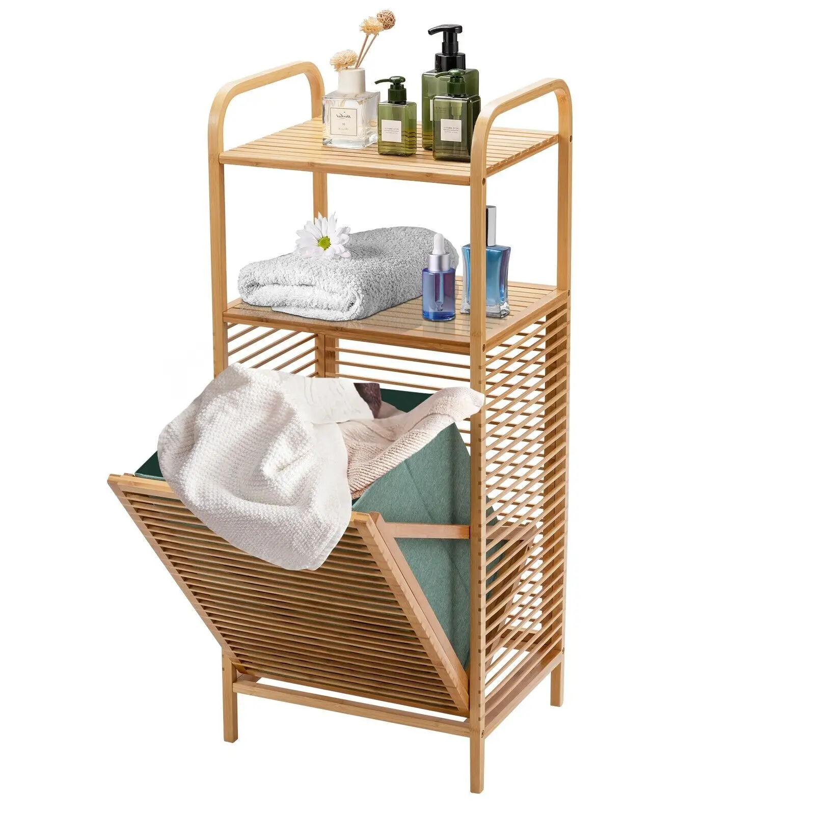 GOFLAME Bamboo Bathroom Shelf Tilt-out Laundry Hamper Storage Organiser w/Laundry Basket