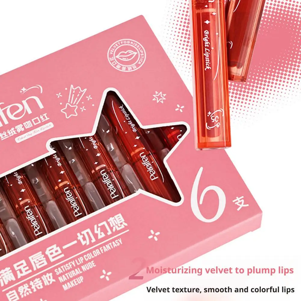 6피스 리퀴드 립스틱 매트 벨벳 립 글로스 세트 다크 레드 브라운 립 글레이즈 키트 방수 보습 투명 립 오일
