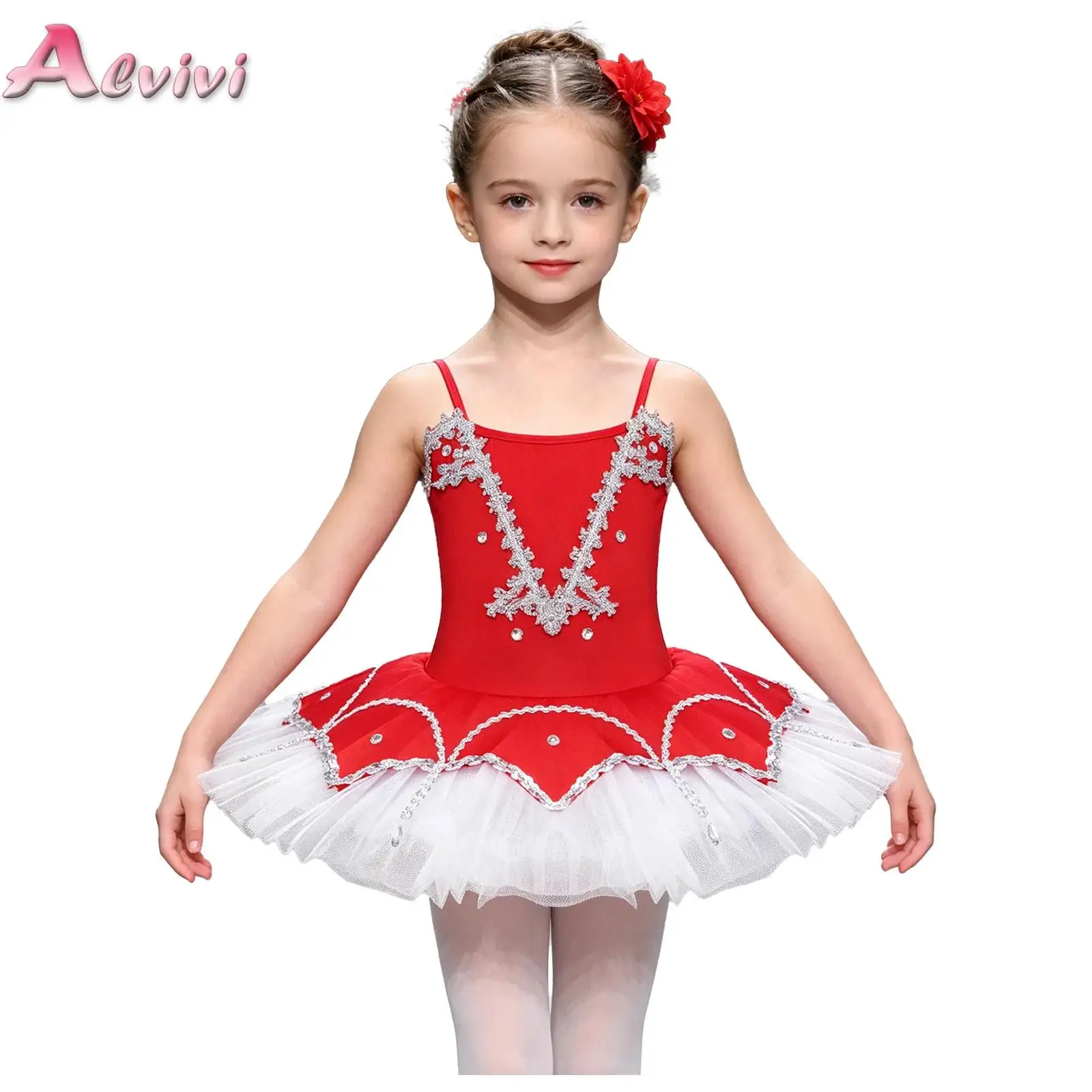 

Kids Girls Ballet Rhinestone Braid Sleeveless Spaghetti Straps Layered Tutu Dance Dress Professional Stage Performance Costume