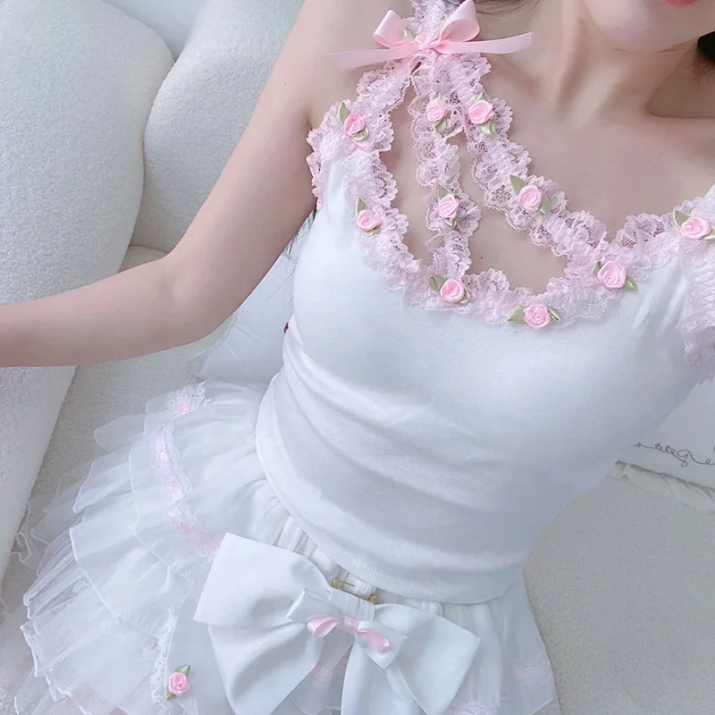 

Sweet Crop Top Women Summer Cute Cropped Tops Lace Trim Bow Floral Decoration Slim Camis Lolita Style Aesthetic Kawaii Clothes