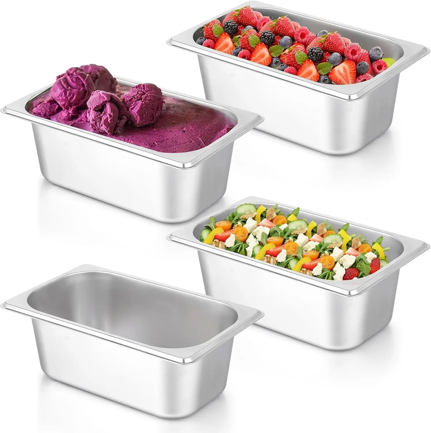 4 Pack Hotel Pans, 1/4 Size 4' Deep Stainless Steel Steam Table Serving Pan, Buffet Dinner Catering Food Pans, Warmer Breading T