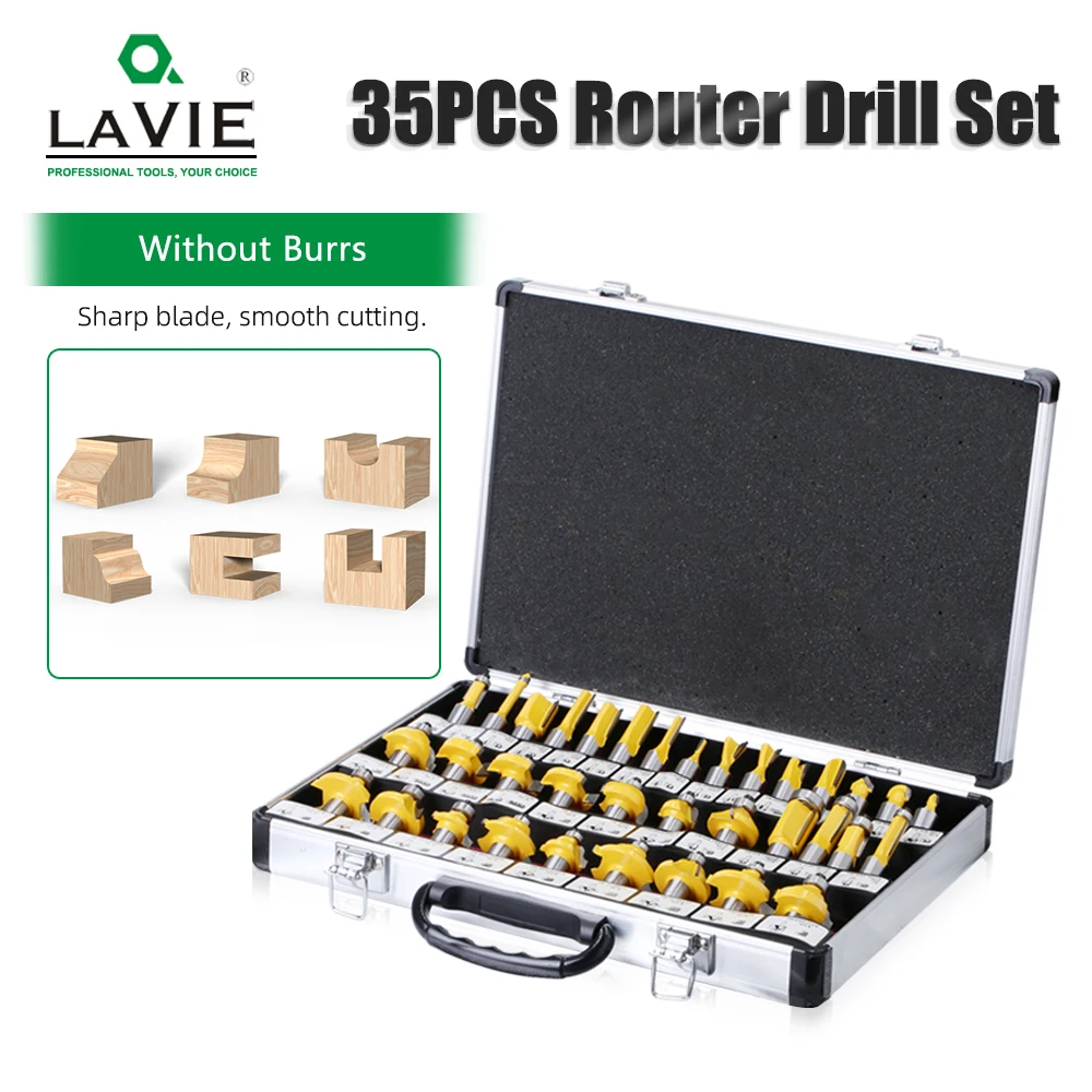 LAVIE 35PCS 1/2 Inch Shank Woodworking Router Bits Milling Cutter Bits For Wood Straight Engraving Machine Tool DIY MC03002