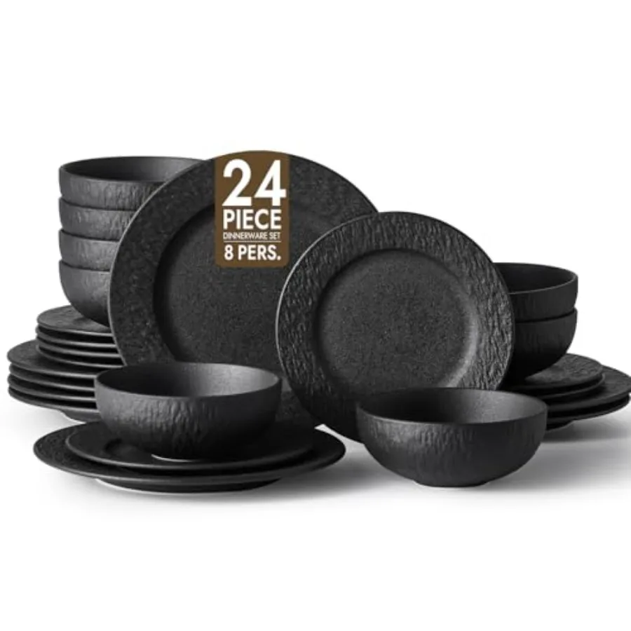 

Наборы черной посуды из 24 предметов: матовый мраморный узор, премиум-фарфор, сервиз с обеденными тарелками, салатницами, мисками для пасты и мисками для супа.