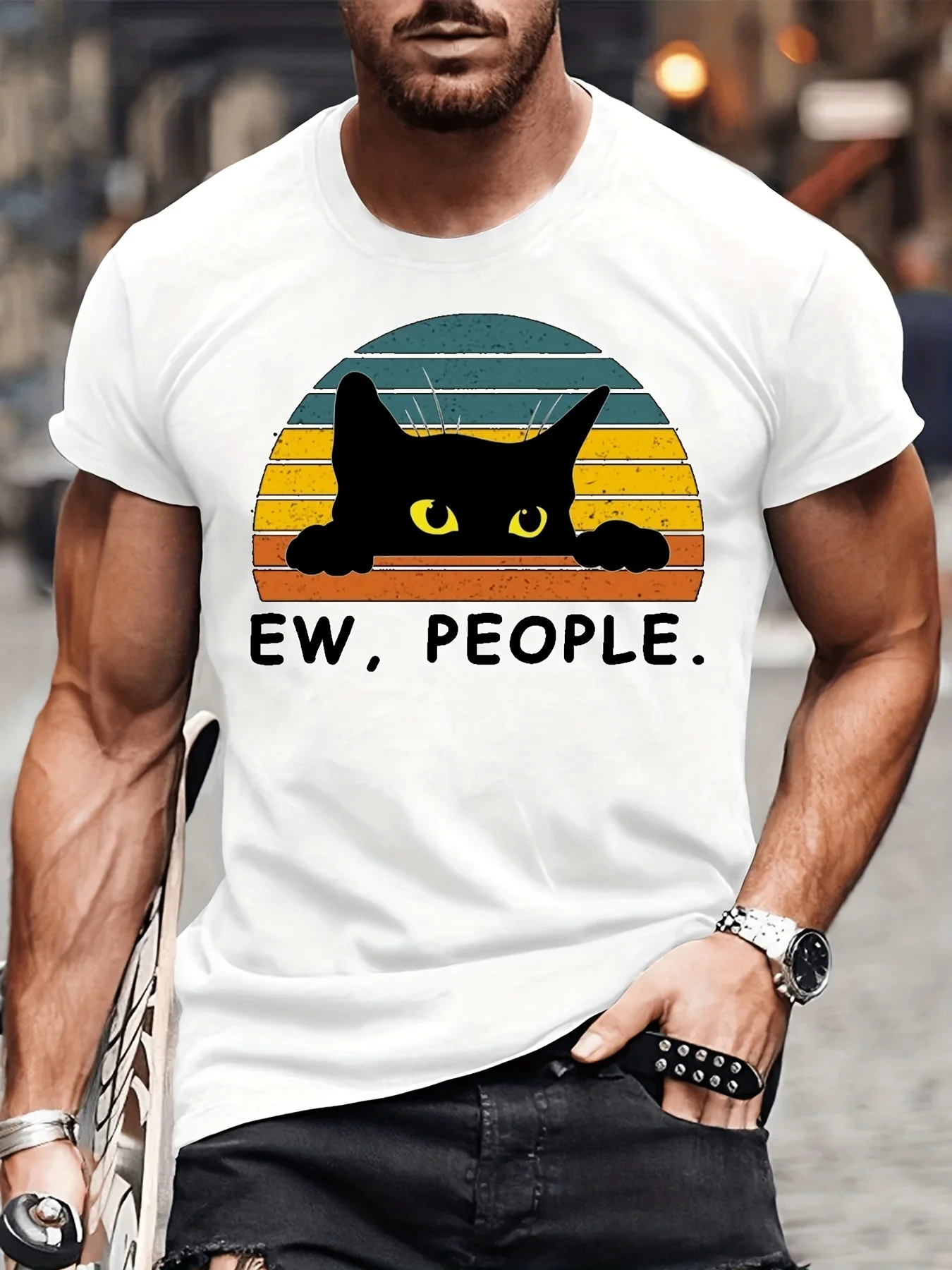 ファッションフォワード メンズ ブラックキャットプリント Tシャツ - スタイリッシュなヒップホップ クルーネックTシャツ 夏休み＆ユニークなギフトに - 快適
