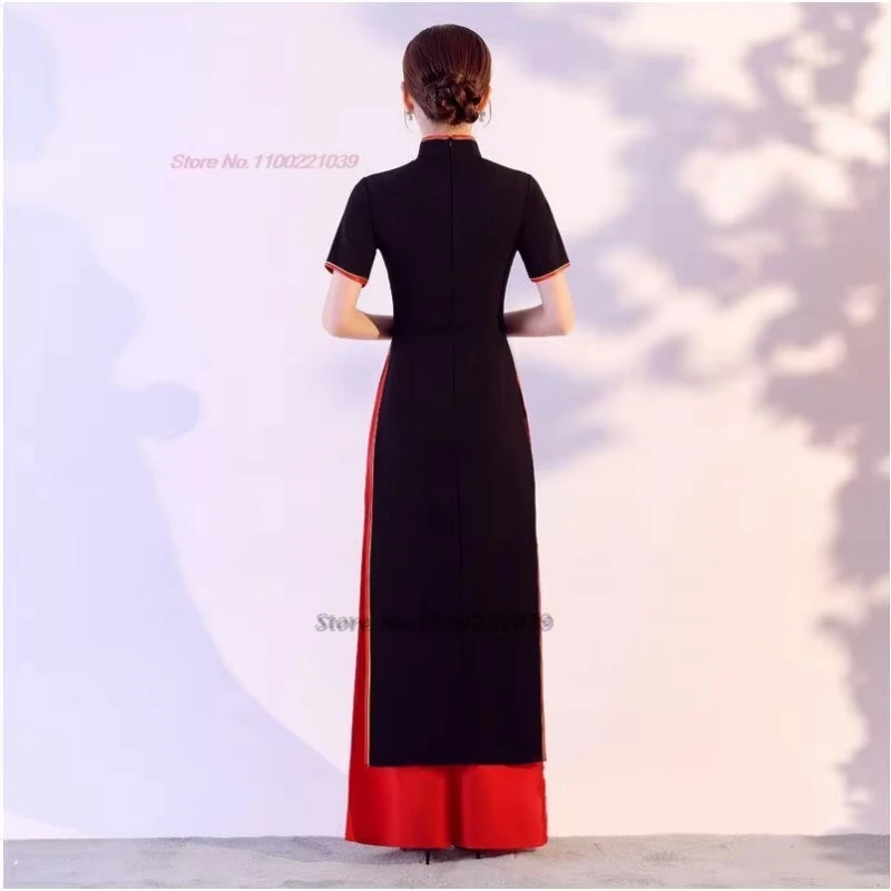 ﻿ 2025 آو داي فيتنام فستان تقليدي تحسين شيونغسام فستان شرقي + فستان أطفال مع سروال داخلي فستان تشيباو الشعبي الوطني المطرز بالزهور