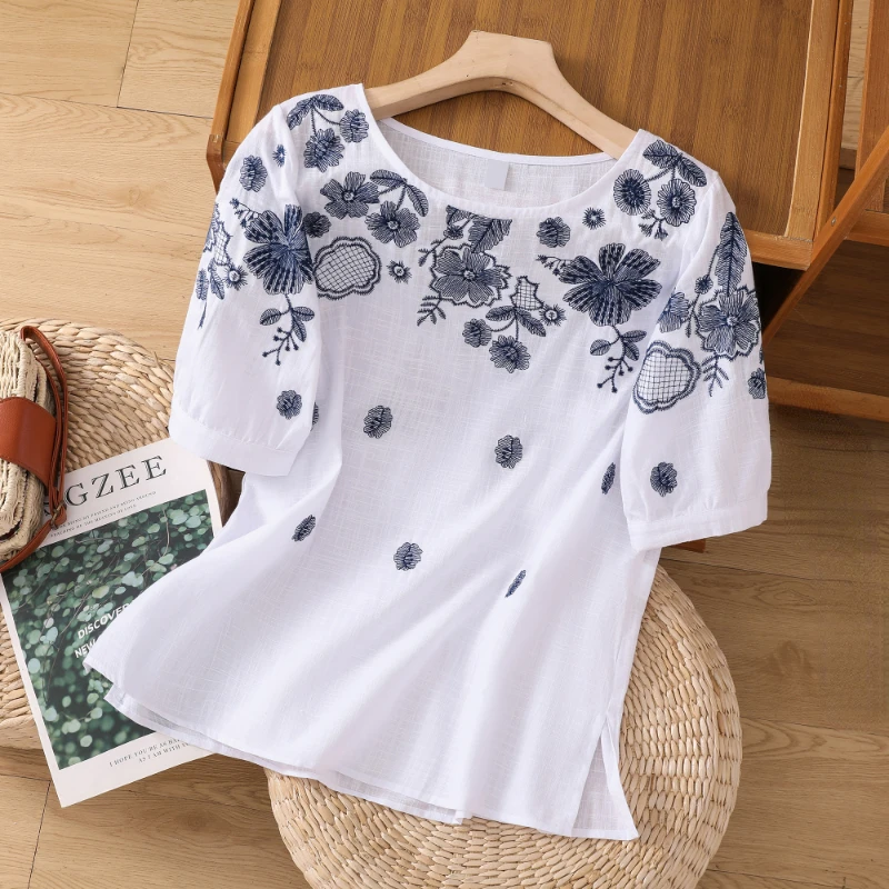 Cotton Linen T-shirt Women Summer 2023 Embroidery Loose Tees Short Sleeves Floral Top Chinese Style O-neck Clothing