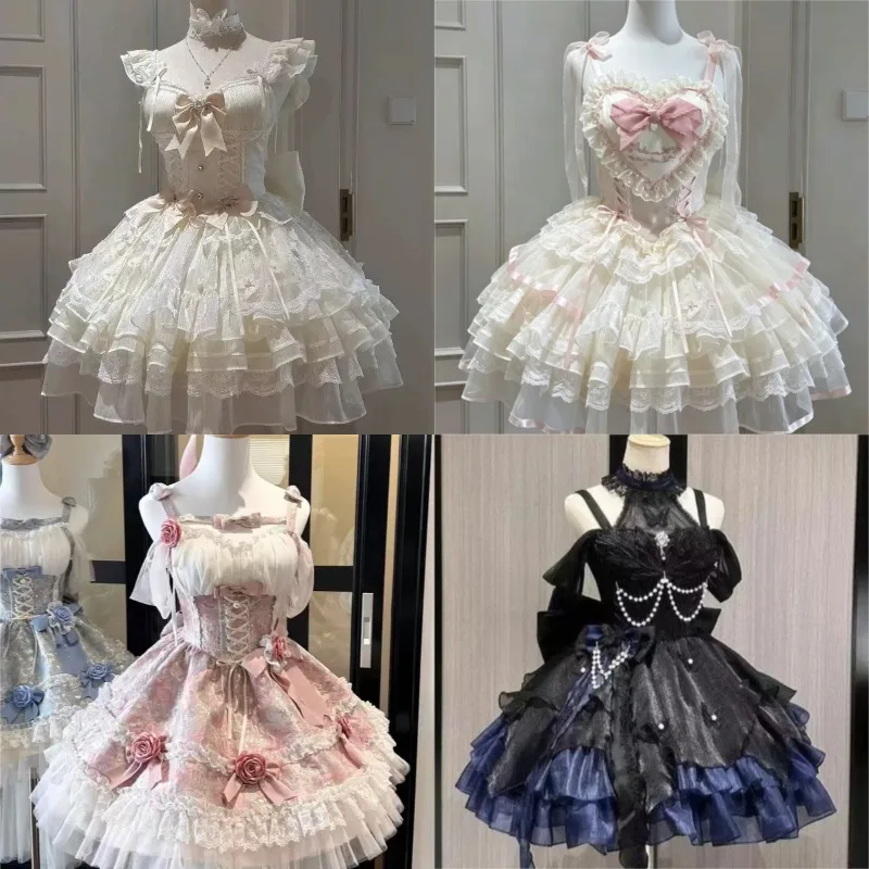 Süße Prinzessin Lolita Elegante Frau Partykleid Y2k Chic Schleife Fee Vintage Kleid Schlanke Blume Spitze Retro Outfits Japanischer Sommer