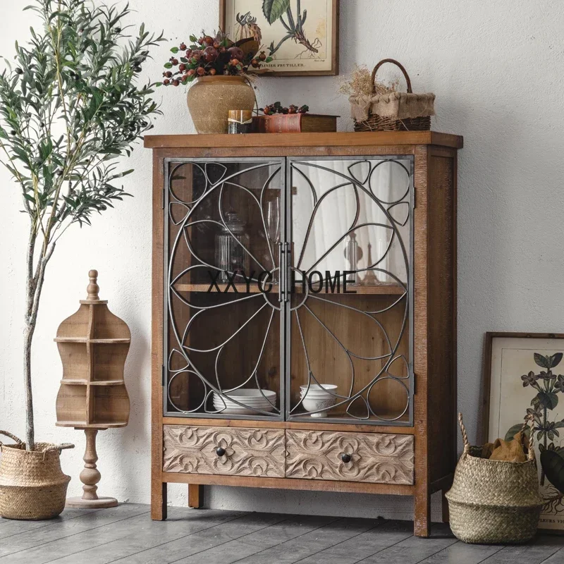 American Style Sideboard Cabinet Solid Wood Locker European Industrial Style Retro Cabinet B & B Living Room