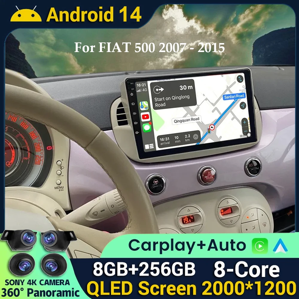 

Android 14 8+256G For Fiat 500 Car Radio Stereo GPS Navigation Mirror Connection Split Screen Multimedia Carplay Auto Player DSP