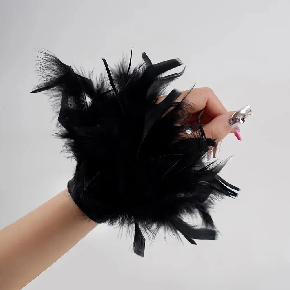 Doğal türkiye tüy manşetleri siyah beyaz manşetler tüyler ile yapış bilezik kollu bilek parti kol için çıkarılabilir