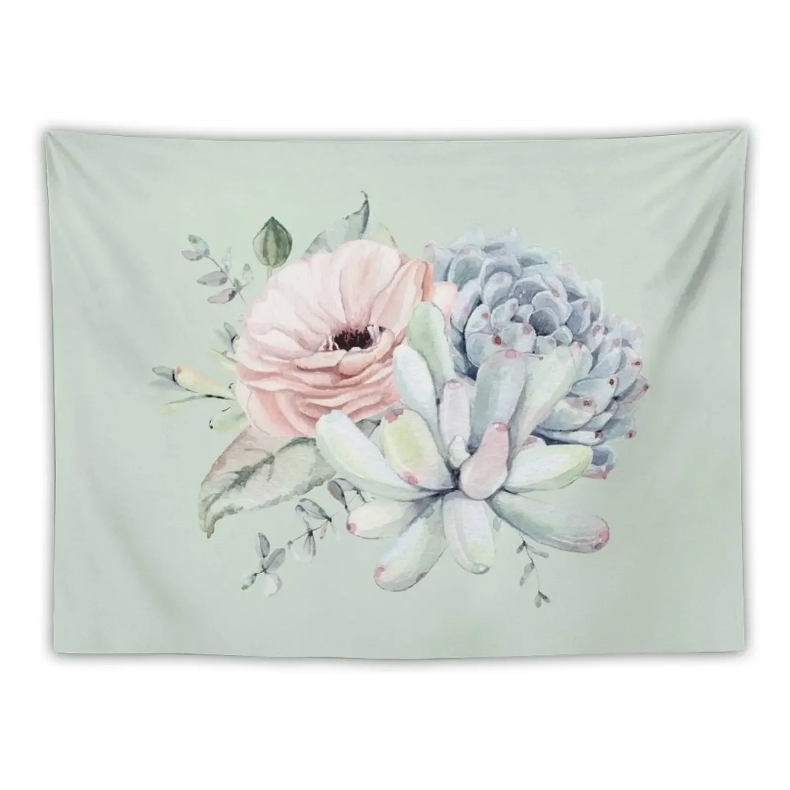 

Popular Succulents Mint and Blue on White Desert Succulent Design Tapestry Wall Hanging Anime Decor Tapestry