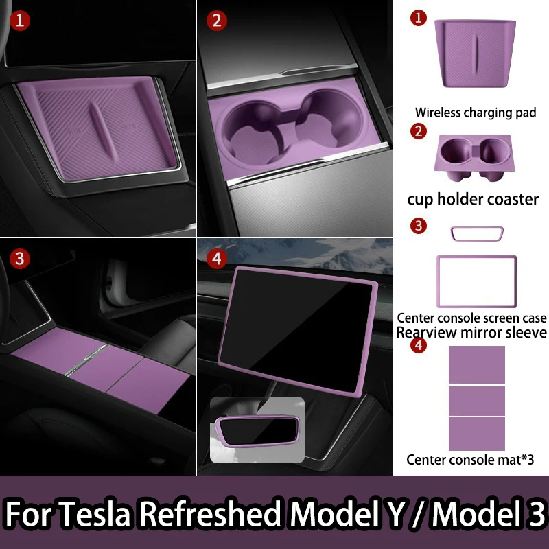 For Tesla Model Y/YL/3 Highland Center Console Wireless Charging Silicone Pad Cup Holder Mat Anti-slip purple style accessories