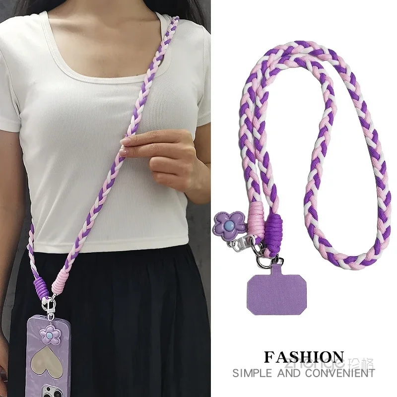 Three strand ponytail woven mobile phone lanyard, fashionable long style crossbody can carry women's outdoor travel lanyard