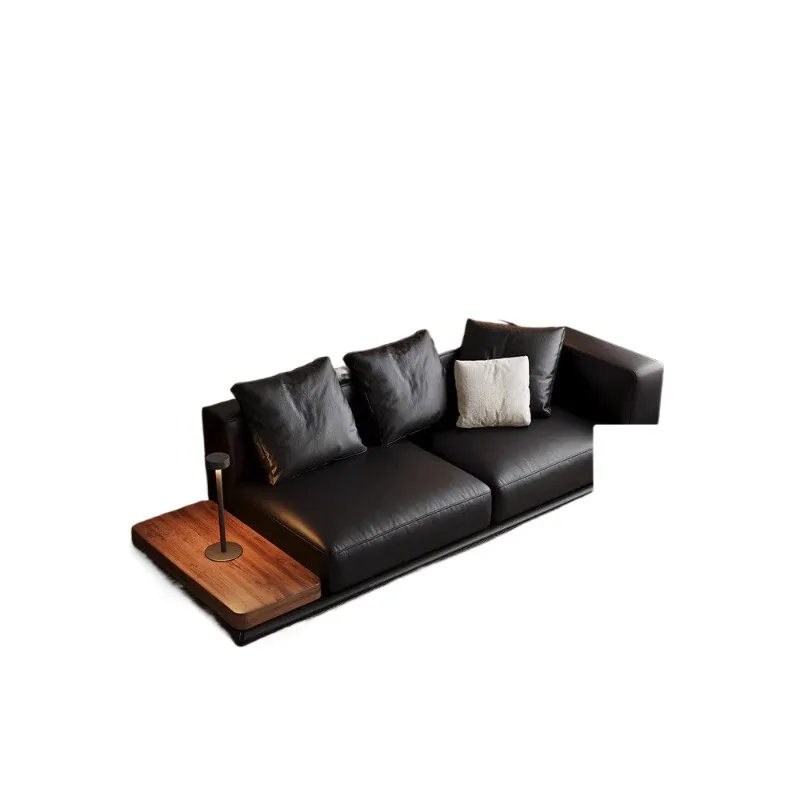 

Log antique minimalist leather first layer cowhide black straight line horizon sofa small apartment living room with side table