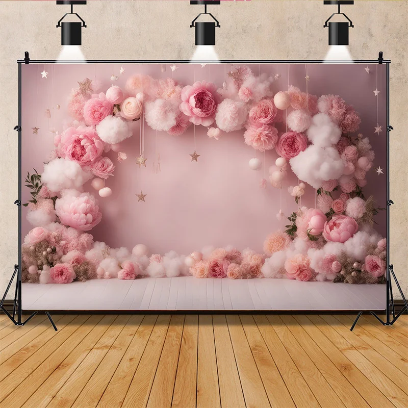 

Pink Bear Digital Background for Baby Birthday Cake Smash Studio Photography Backdrops with Pastel Pink Star Background TD-02