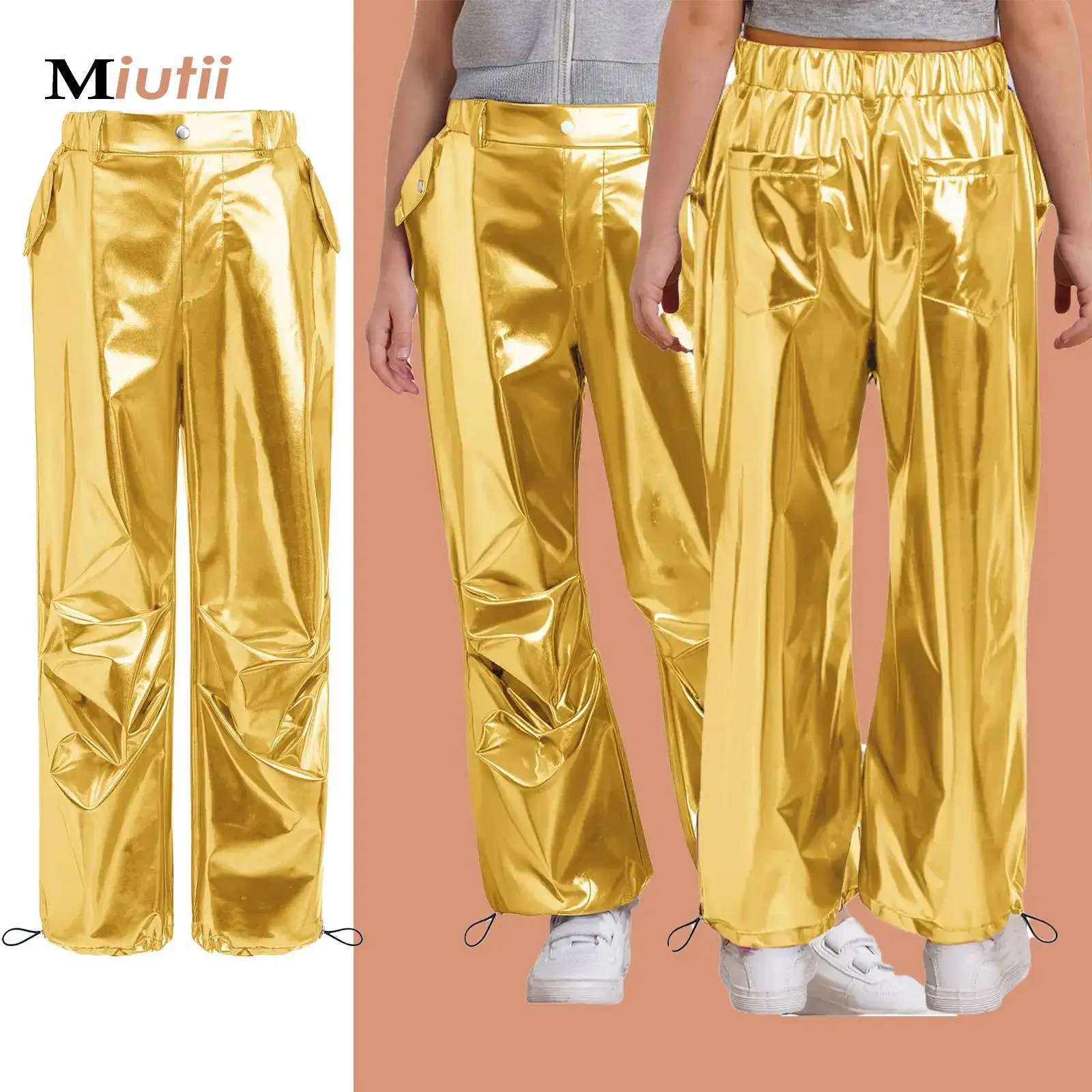 

Детские блестящие брюки-карго с эффектом металлик для мальчиков и девочек, детские голографические брюки, брюки в стиле хип-хоп для подростков, костюм для соревнований по уличным джазовым танцам