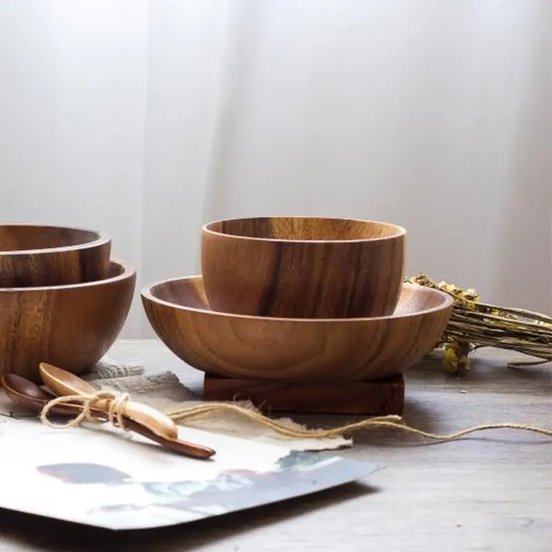 Solid Wood Bowl Children's Tableware Set, Made of Retro Acacia Whole Wood, Safe & Durable