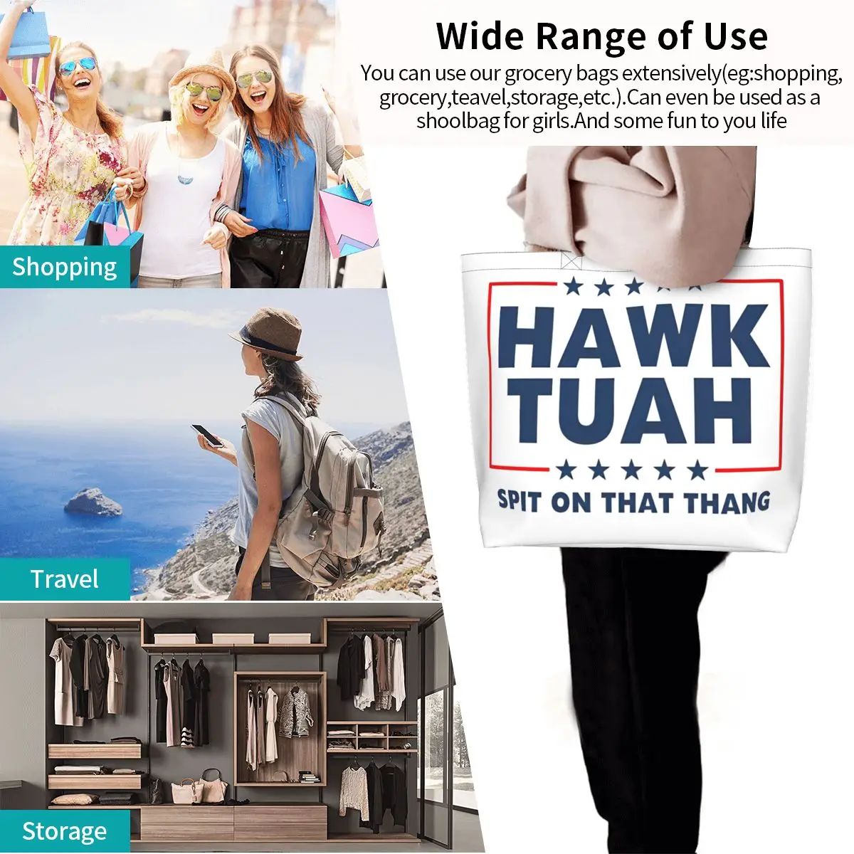 Hawk Tuah Spit On That Thang 2024 bolsas de comestibles de gran capacidad, accesorios, bolsos de mano Ulzzang para mujer