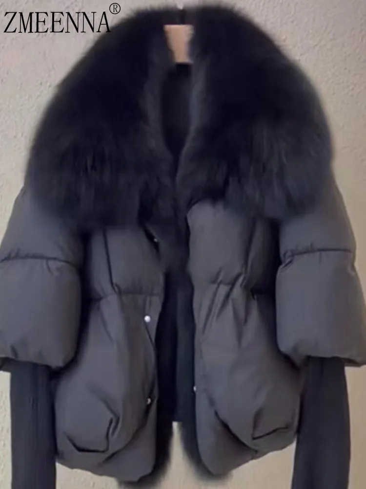 

ZMEENNA Womens Black Down Puffer Jacket Oversized Fur Collar Crop Coat Knitted Sleeve Winter Warm Short Outerwear ZM4567