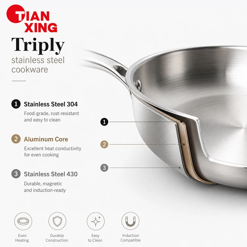 Custom 7 Pcs Triply Stainless Steel Cookware Set General Stove Kitchen Soup Sauce Cooking Pots Casserole Sets