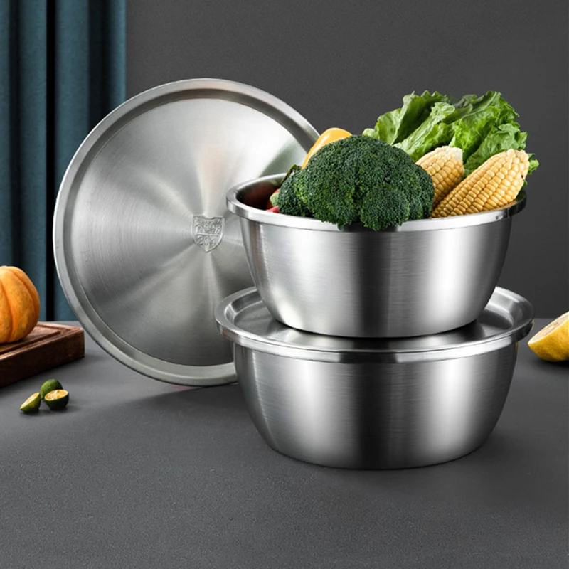 Thicken 304 Stainless Steel Salad Egg Mixing Bowls with Lid Flour Soup Bowl European Kitchen Utensils Vegetable Fruit Basin