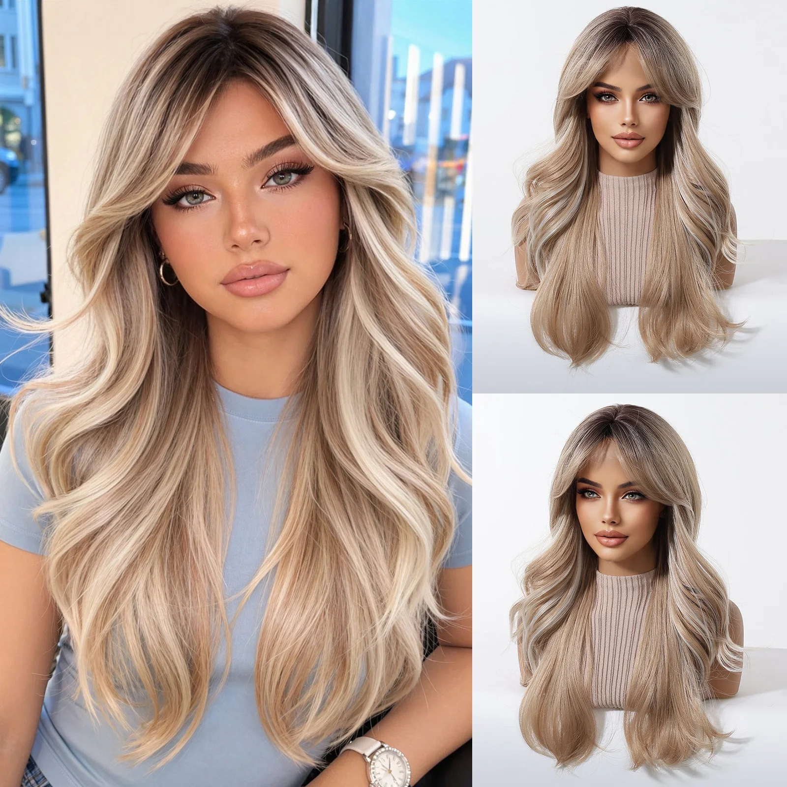 Platin 613 Blonde Perücke, lange gewellte synthetische Perücke mit Pony, lockig, gemischt, golden, für Frauen, Cosplay, Party, täglicher Gebrauch, hitzebeständig