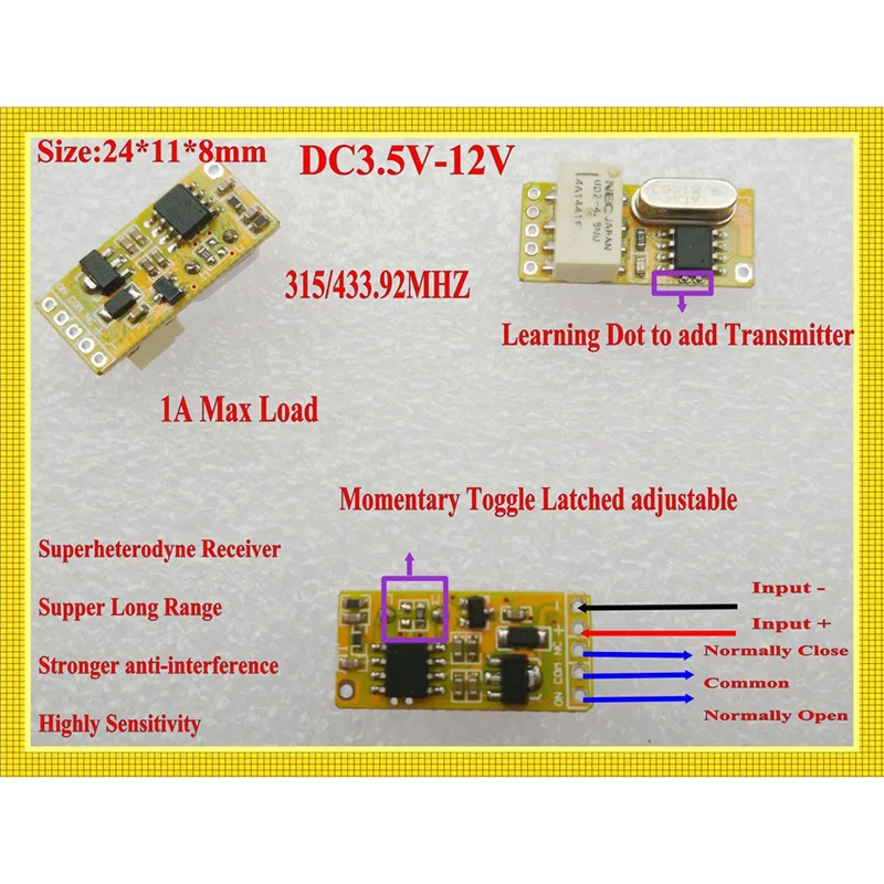 A68Z Interruttore remoto RF 433MHZ 4.2V 4.5V 5V 6V 7.4V 9V 12V Contatto relè piccolo Interruttori wireless NO COM NC Contatto relè PCB + Pllast